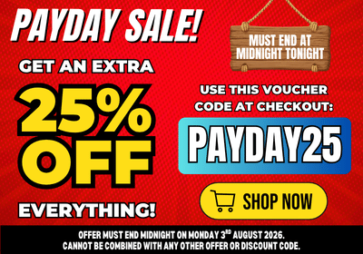 Promotional sale graphic with a red background and large text reading 'PAYDAY SALE!' and '25% OFF EVERYTHING!'. A wooden sign says 'MUST END AT MIDNIGHT TONIGHT', the PAYDAY25 voucher code is shown in a blue box, and a yellow 'SHOP NOW' button appears at the bottom.