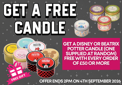 Promotional graphic for a free candle offer, featuring multiple round candles in colorful tins and large text reading 'GET A FREE CANDLE' on a dark starry background. Text also states the offer is for a Disney or Beatrix Potter candle, one supplied at random, free with every order of £50 or more, and the offer ends 2PM on 4th September 2026.