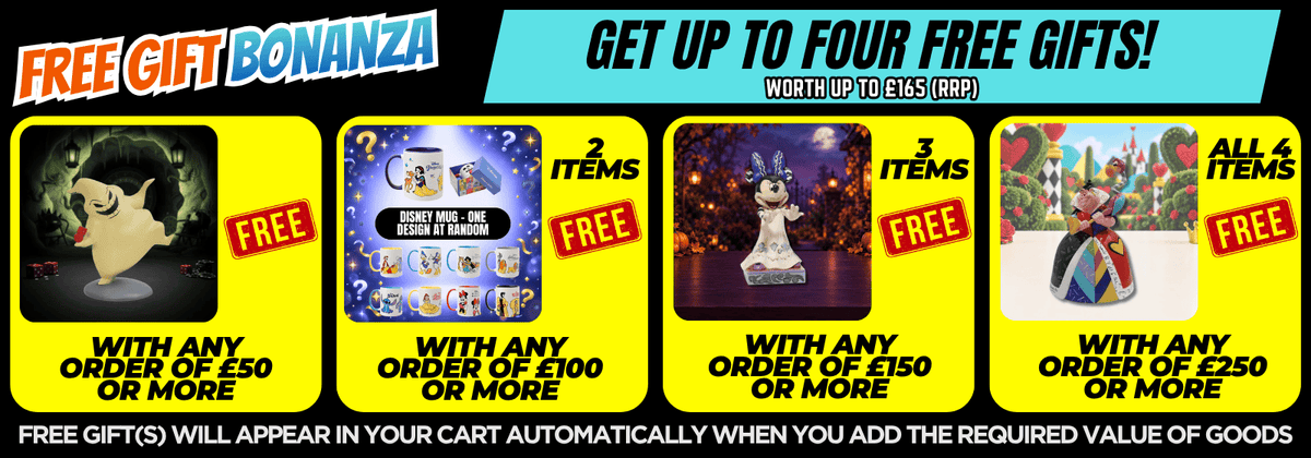 Promotional banner for a Bonanza mystery gift deal, featuring four different product options with quantities and order value requirements, set against a black background with bright yellow and blue graphic elements.