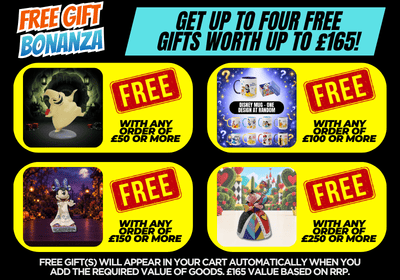 Promotional banner for a Bonanza mystery gift deal, featuring four different product options with quantities and order value requirements, set against a black background with bright yellow and blue graphic elements.