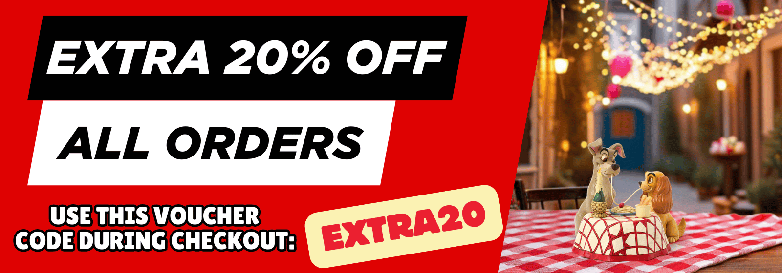 Promotional banner with 'Extra 20% Off All Orders' text and a voucher code on a festive background.