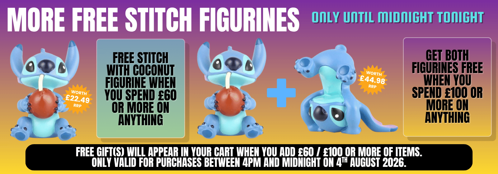 Promotional banner for Stitch figure gifts with two blue Stitch figurines, text offers, and pricing on a purple-to-pink gradient background.