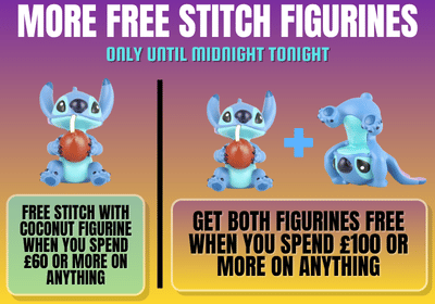 Promotional graphic for Stitch figurines with text offering free figures on spend-up conditions, shown on a purple-to-yellow gradient background with two illustrated/photographed Stitch figures and a plus sign between them.