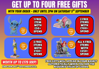 Promotional coupon graphic for free gift orders, featuring four illustrated product examples with text offering up to four free gifts with minimum spend thresholds.