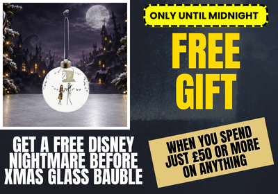 Promotional graphic for a free Disney Nightmare Before Christmas glass bauble. The left panel shows a white spherical glass ornament with a Mickey Mouse silhouette hanging in front of a snowy castle at night.