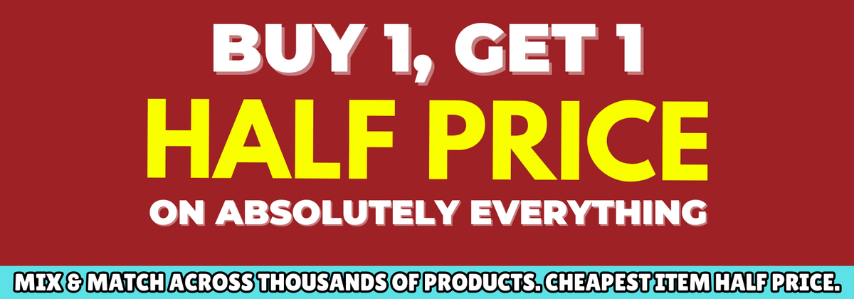 banner advertising a buy one, get one half price promotion on all items on the website