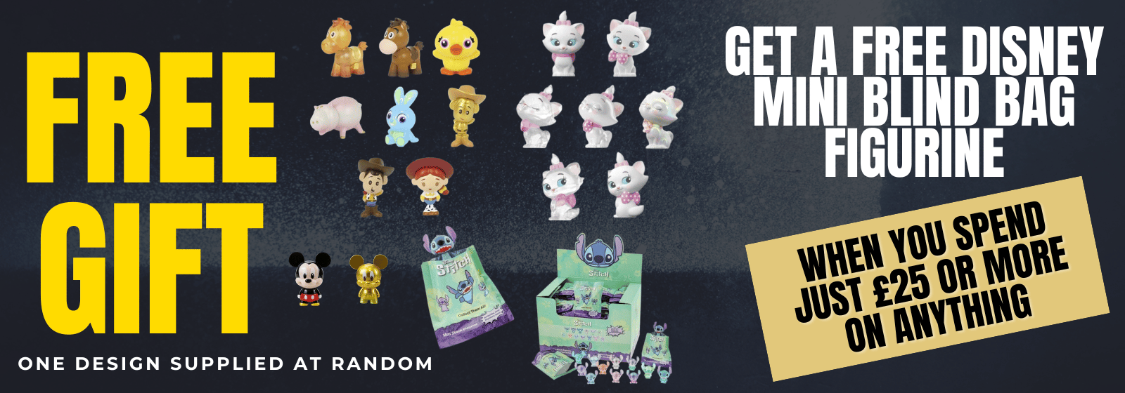 Promotional banner for free Disney mini blind bag figurine with product display on a black background.