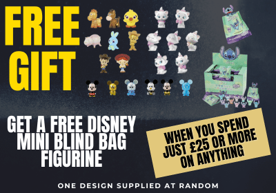Promotional offer for free Disney mini blind bag figurine with spending requirement on a dark background.