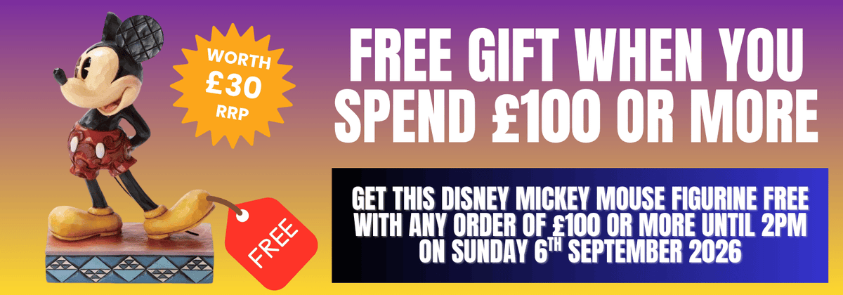 Promotional banner for a Disney Mickey Mouse figurine, featuring a large Mickey figure on the left and bold text offering a free gift when spending £100 or more. The background is a purple-to-orange gradient, with a yellow starburst showing £30 RRP and a blue info box with the offer details.
