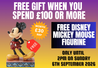 Promotional flyer for a free Disney Mickey Mouse figurine, featuring a Mickey figurine on the left, a yellow starburst badge stating 'WORTH £30 RRP', and text on a purple-to-yellow gradient background.