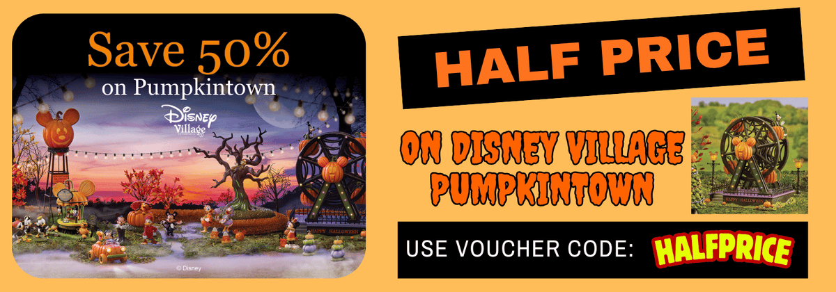 Promotional banner for Disney Village Pumpkintown offering 50% off with a half price voucher code. The left panel shows a colorful illustrated scene of pumpkin-themed characters and attractions at dusk, while the right panel features bold orange text on black backgrounds with a small photo of a pumpkin wheel ride.
