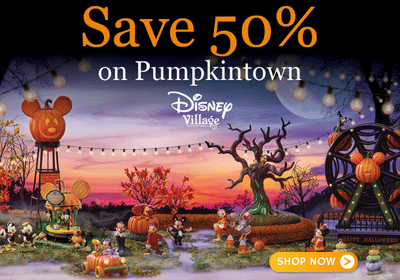 Promotional graphic for Disney Village's Pumpkintown with large orange text reading 'Save 50% on Pumpkinown' and a 'Disney Village' logo above a colorful Halloween scene. The scene shows Mickey Mouse and other characters around pumpkins, a jack-o'-lantern tower, a spooky tree, and a Ferris wheel under a sunset sky.