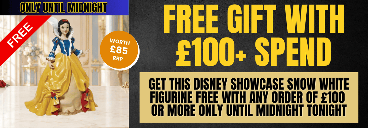 Promotional banner for a Disney Showcase Snow White figurine, featuring a photo of the figurine on the left and large yellow text on a black background offering a free gift with any order of £100 or more.