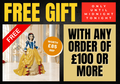 Promotional sale graphic with large yellow text reading 'FREE GIFT' and a red badge saying 'ONLY UNTIL MIDNIGHT TONIGHT.' A small inset shows a Snow White figurine in a yellow gown, with text stating 'WORTH £85 RRP' and 'WITH ANY ORDER OF £100 OR MORE.