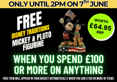 Promotional poster for a free Disney figurine with Mickey and Pluto when spending £100 or more, valid until 2 PM on 7th June.