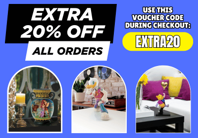 Promotional graphic for a 20% off all orders voucher code, featuring three arched photo frames showing decorative figurines and a small character toy in home settings, with bold text reading 'EXTRA 20% OFF ALL ORDERS' and 'USE THIS VOUCHER CODE DURING CHECKOUT: EXTRA20'.