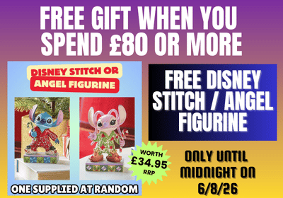 Promotional flyer for a Disney Stitch or Angel figurine, offering a free gift when spending £80 or more. The flyer features a purple-to-yellow gradient background with white text and showcases two figurines: Stitch in a red Hawaiian shirt and Angel in a green Hawaiian shirt.