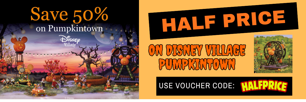 Promotional banner for Disney Village Pumpkintown offering a 50% discount on half-price voucher codes, featuring Halloween-themed illustrations of Mickey Mouse, Donald Duck, Goofy, and Pluto against a sunset sky, alongside a pumpkin wheel graphic on a yellow background.