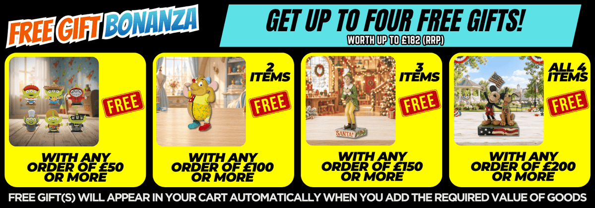 Promotional banner for a free gift with purchase offer, with text offering up to four free gifts with any order over £50, £100, £150, or £200.