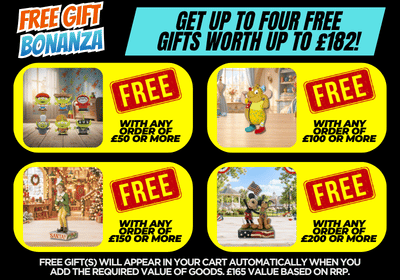 Promotional banner for a free gift with purchase offer, with text offering up to four free gifts with any order over £50, £100, £150, or £200.