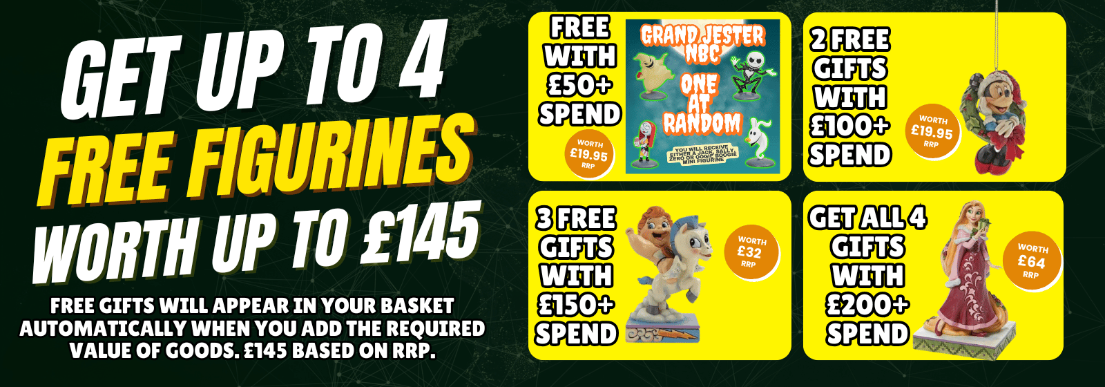 Promotional banner for free figurines with shopping spend, featuring cartoon characters and text on a yellow background.
