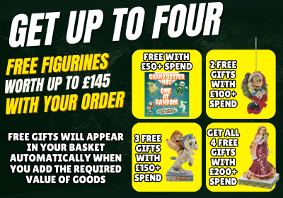 Promotional graphic with free figurine offers and spending thresholds on a black background.