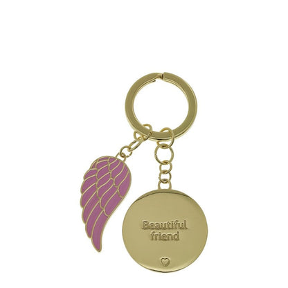 The You Are An Angel Beautiful Friend Key Chain ANGK010 features a gold keyring with a round disc engraved Beautiful friend, a small heart, and a pink and gold wing-shaped charm—an elegant celebration of lasting friendship.