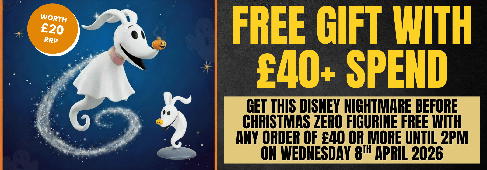 Promotional poster for a free Disney figurine with a £40 spend, featuring a cartoon character on a blue background.