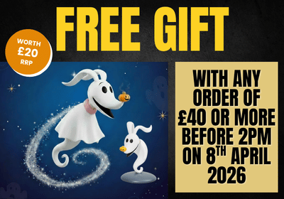 Promotional poster with cartoon ghost characters and text about a free gift offer.