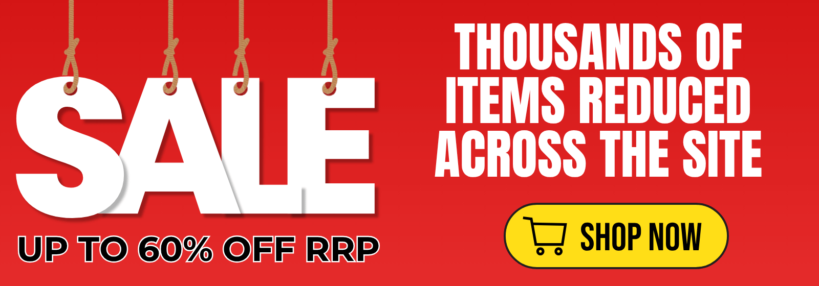 Red sale banner with white and yellow text on a red background