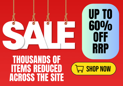 Red sale banner with white and yellow text on a red background
