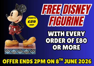 Promotional banner for a free Disney figurine with every order over £80, featuring a Mickey Mouse figurine on a blue background.