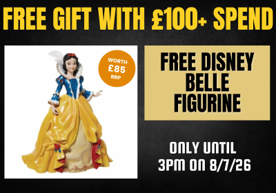 Promotional graphic for a free Disney Belle figurine, featuring a Snow White costume-style figure in a yellow and blue dress on the left, a gold badge reading 'Worth £85 RRP', and text on the right that says 'FREE DISNEY BELLE FIGURINE' and 'ONLY UNTIL 3PM ON 8/7/26'.