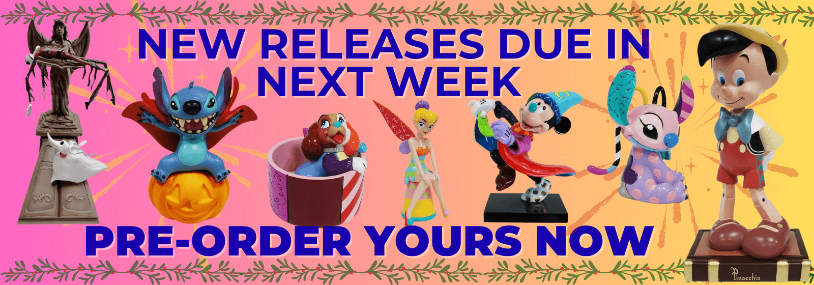 Promotional banner for new product releases with animated characters and text.