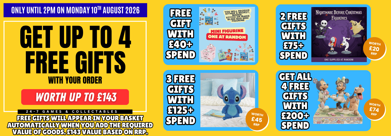 A promotional banner with a bright yellow and blue background, featuring text that says 'GET UP TO 4 FREE GIFTS WITH YOUR ORDER'
