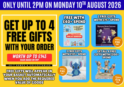 A promotional flyer forup to 4 free gifts with a minimum spend of £20, £40, £75, and £200. The flyer has a bright yellow background with a large black and red text block on the left.