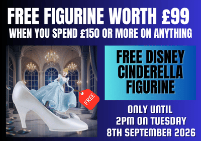 Promotional flyer for a free Disney Cinderella figurine worth £99, offering a free white high-heeled shoe and Disney Cinderella figurine when spending £150 or more. The flyer features a blue background with white text, a blue box highlighting the free item, and an illustration of Cinderella in her blue gown.