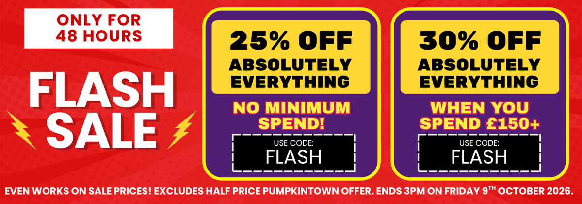 promotional banner for a flash sale event advertising up to 30% off everything with a sale code with purple boxes on a red background