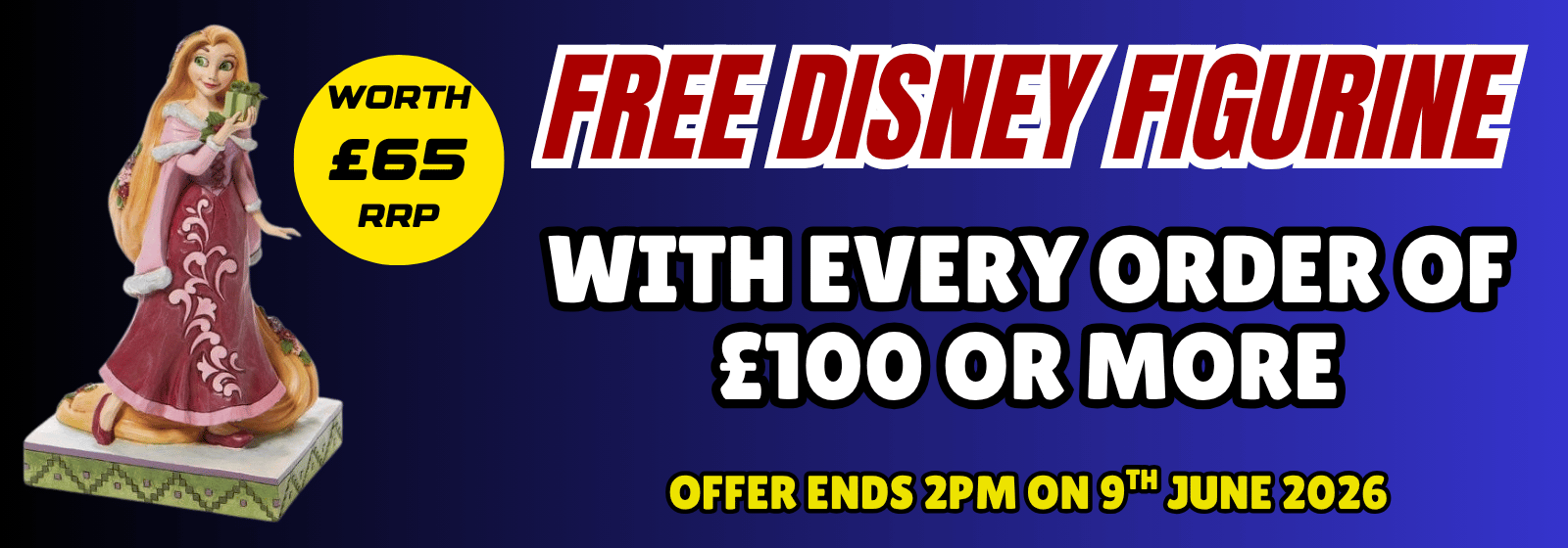 Promotional banner for a free Disney figurine with every order over £100, featuring a character in a red dress.