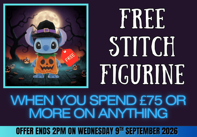 Promotional graphic for a free stitch figurine, featuring a cartoon Stitch figure in a witch hat and pumpkin costume inside a framed illustration on the left, with large white and blue text on a dark purple background offering a free stitch figurine when spending £75 or more.