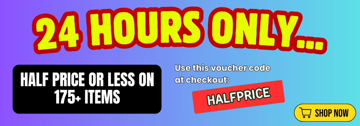 promotional banner advertising Half Price Deals featuring 175+ products - use code HALFPRICE