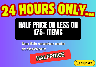 promotional banner advertising Half Price Deals featuring 175+ products - use code HALFPRICE