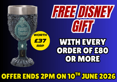 Promotional graphic for a free Disney gift with a purchase, featuring a decorative glass goblet on a blue background.