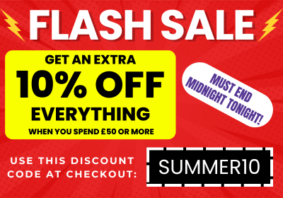 Promotional sale banner with a red background, large white 'FLASH SALE' text, a yellow box reading 'GET AN EXTRA 10% OFF EVERYTHING WHEN YOU SPEND £50 OR MORE', a white badge saying 'MUST END MIDNIGHT TONIGHT!', and a black discount code box reading 'SUMMER10'.