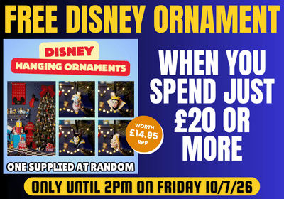 Promotional flyer for a Disney hanging ornaments deal, featuring a product photo of a decorated Christmas tree with ornaments on the left, and large text on a blue background reading 'FREE DISNEY ORNAMENT WHEN YOU SPEND JUST £20 OR MORE' with a yellow banner at the bottom.