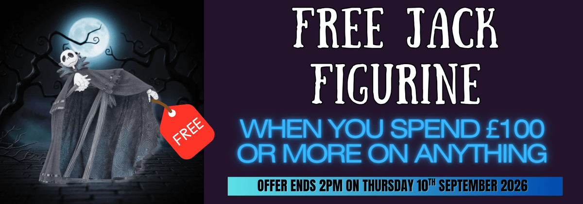 Promotional banner for a 'Free Jack Figurine' offer. The left side features a spooky illustration of a skeleton figurine in a black cloak under a full moon, with a red tag reading 'FREE'.