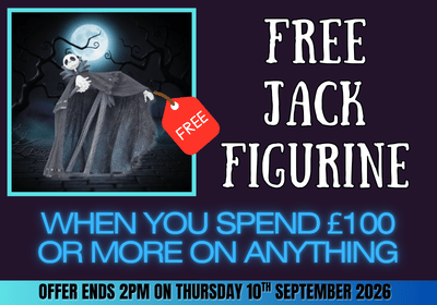 Promotional graphic for a free Jack the Ripper figureine offer. The left side features an illustration of a ghostly figure in a dark cloak under a full moon, with a red hanging tag reading 'FREE'.