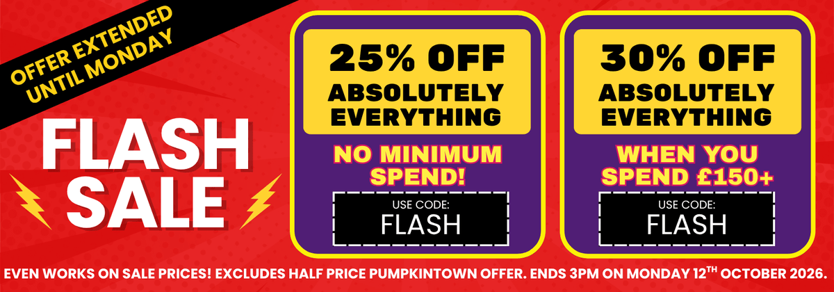 A promotional sale banner with red and black background, large white text reading FLASH SALE, two yellow discount panels offering 25% off and 30% off absolutely everything, and offer extension text until Monday.