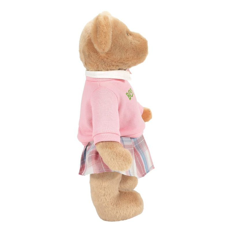 The Emma Boydsley Bear 14 Inch Plush Soft Toy by Boyds Bears (6017146) stands upright, features light brown fur, and wears a pink shirt with plaid skirt and a white collar.
