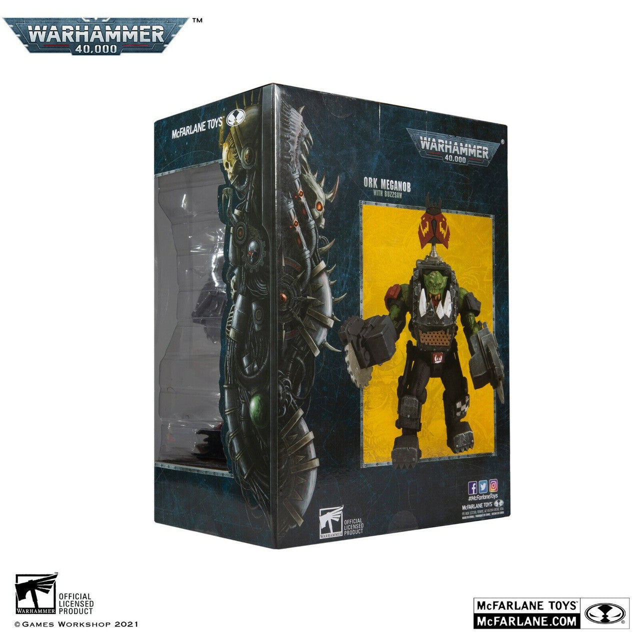 The Warhammer 40,000 40K Figure Ork Meganob with Buzzsaw by McFarlane Toys features the boxed figure visible through a clear window, with bold Ork Meganob artwork on a yellow background.
